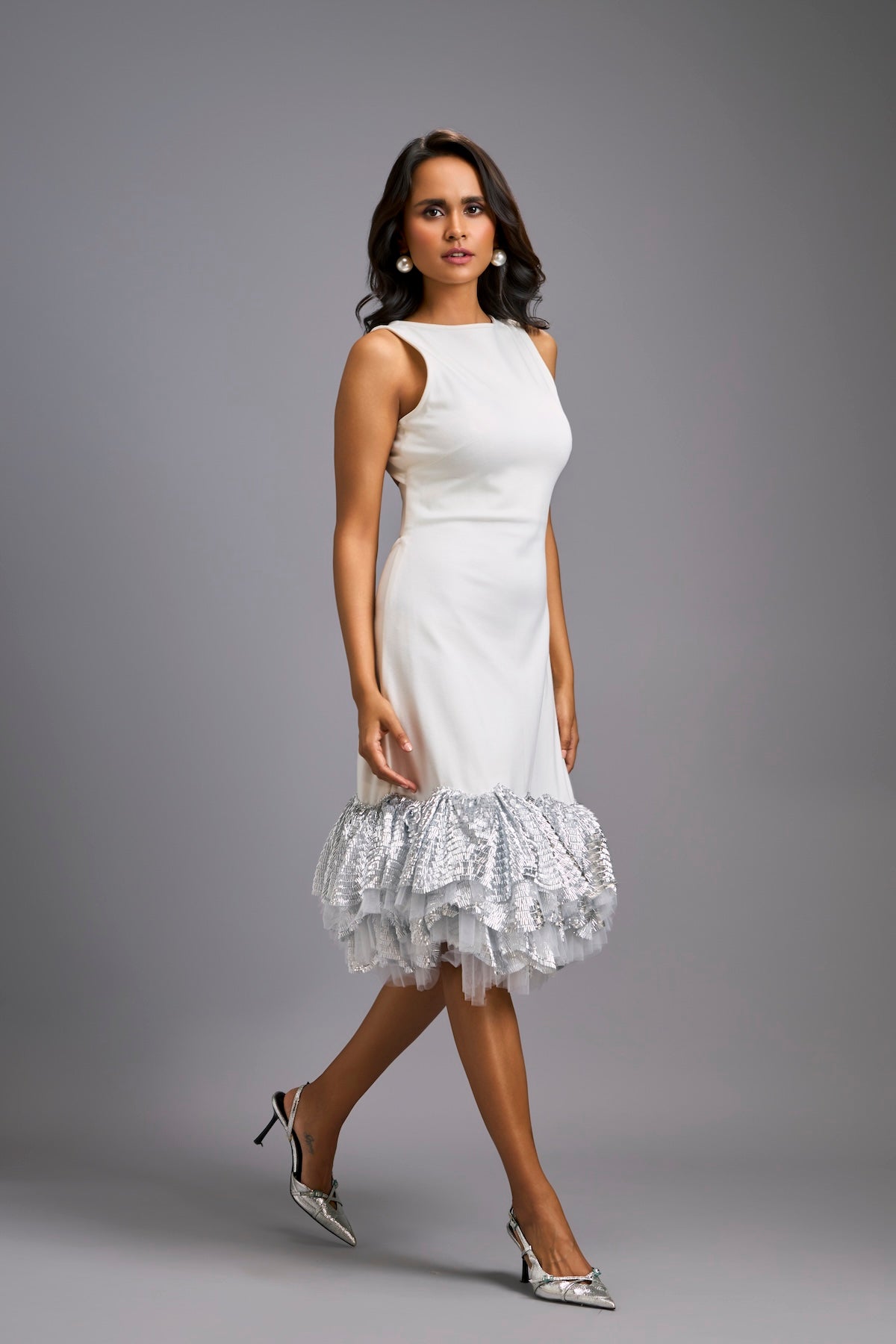 Sleeveless Silver Midi Dress with Cut-Out Back