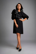 Load image into Gallery viewer, Black A-Line Dress with Shimmer Shoulders and Three-Quarter Sleeves
