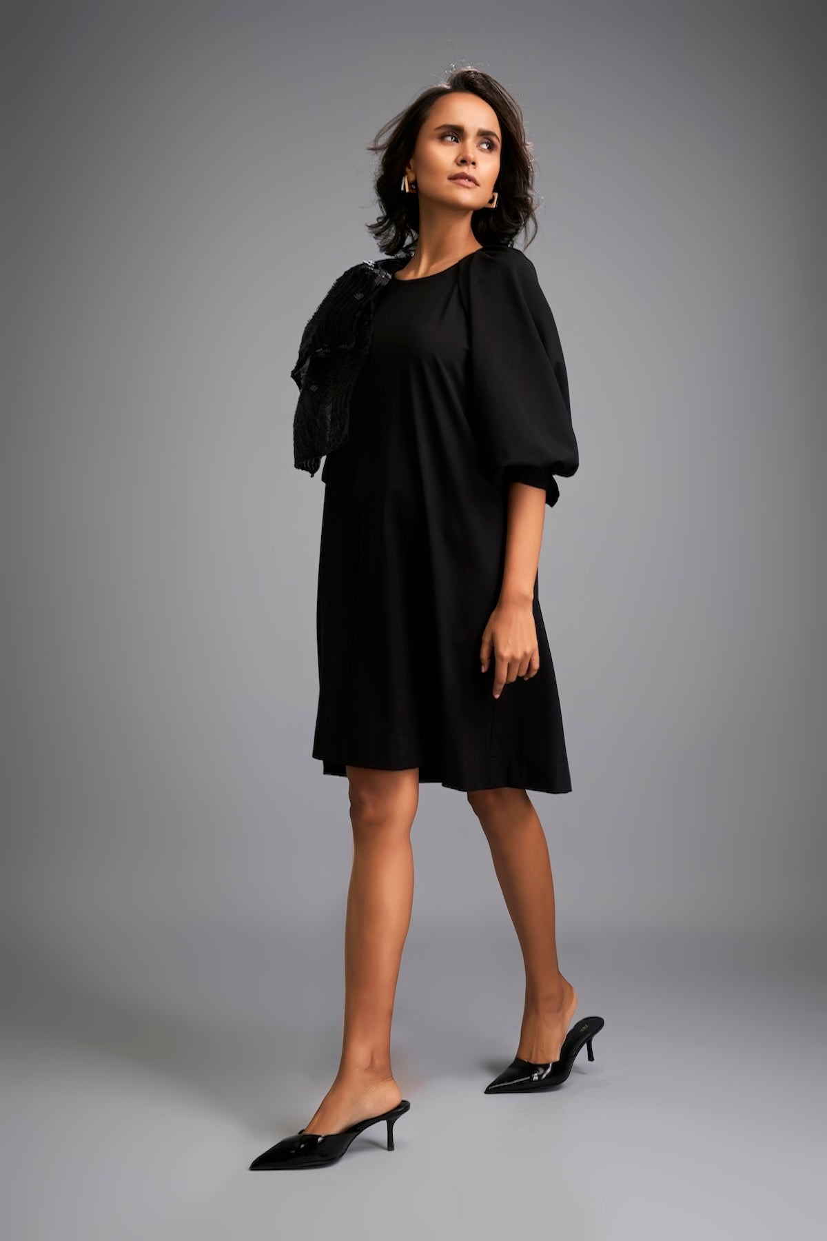 Black A-Line Dress with Shimmer Shoulders and Three-Quarter Sleeves