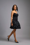 Load image into Gallery viewer, Strapless Black Dress with Shimmer Ruched Bottom
