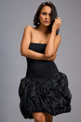 Load image into Gallery viewer, Strapless Black Dress with Shimmer Ruched Bottom
