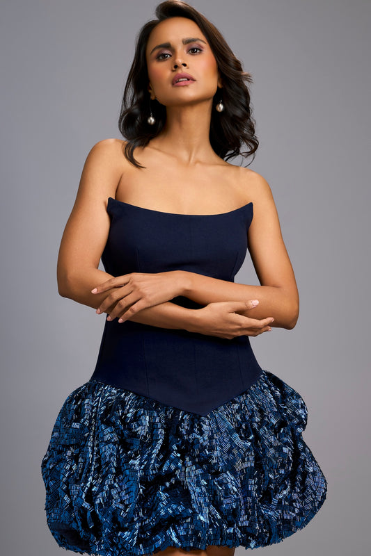 Strapless Navy Blue Dress with Shimmer Ruched Bottom