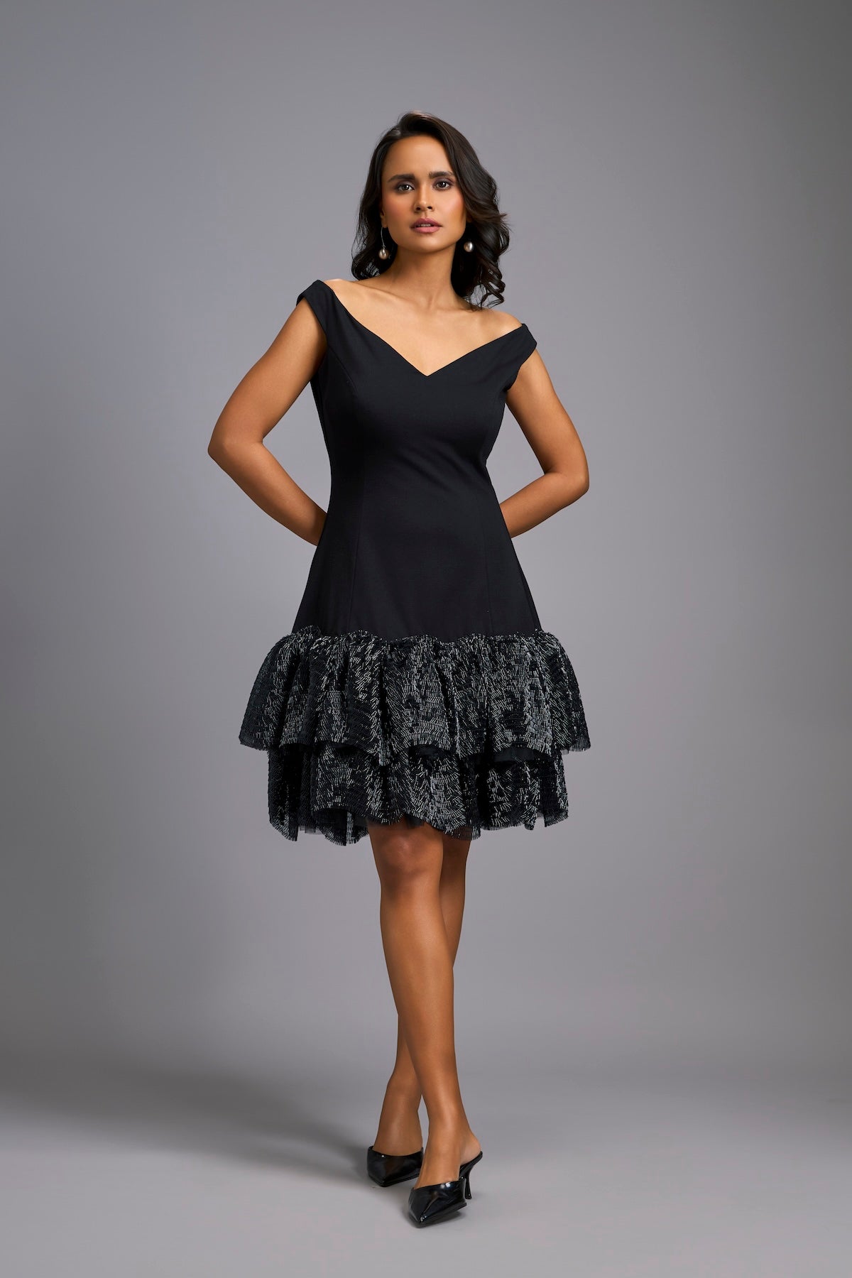 Off-shoulder Black Dress With Shimmer Ruffles