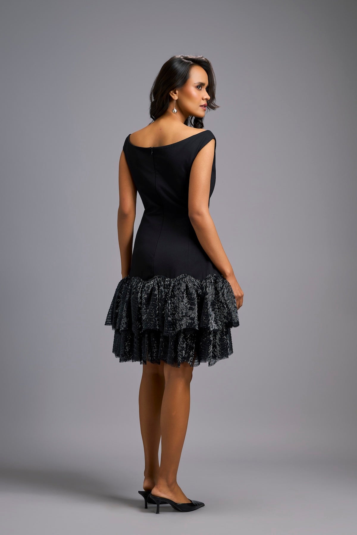 Off-shoulder Black Dress With Shimmer Ruffles