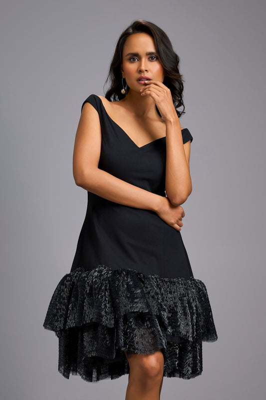 Off-shoulder Black Dress With Shimmer Ruffles
