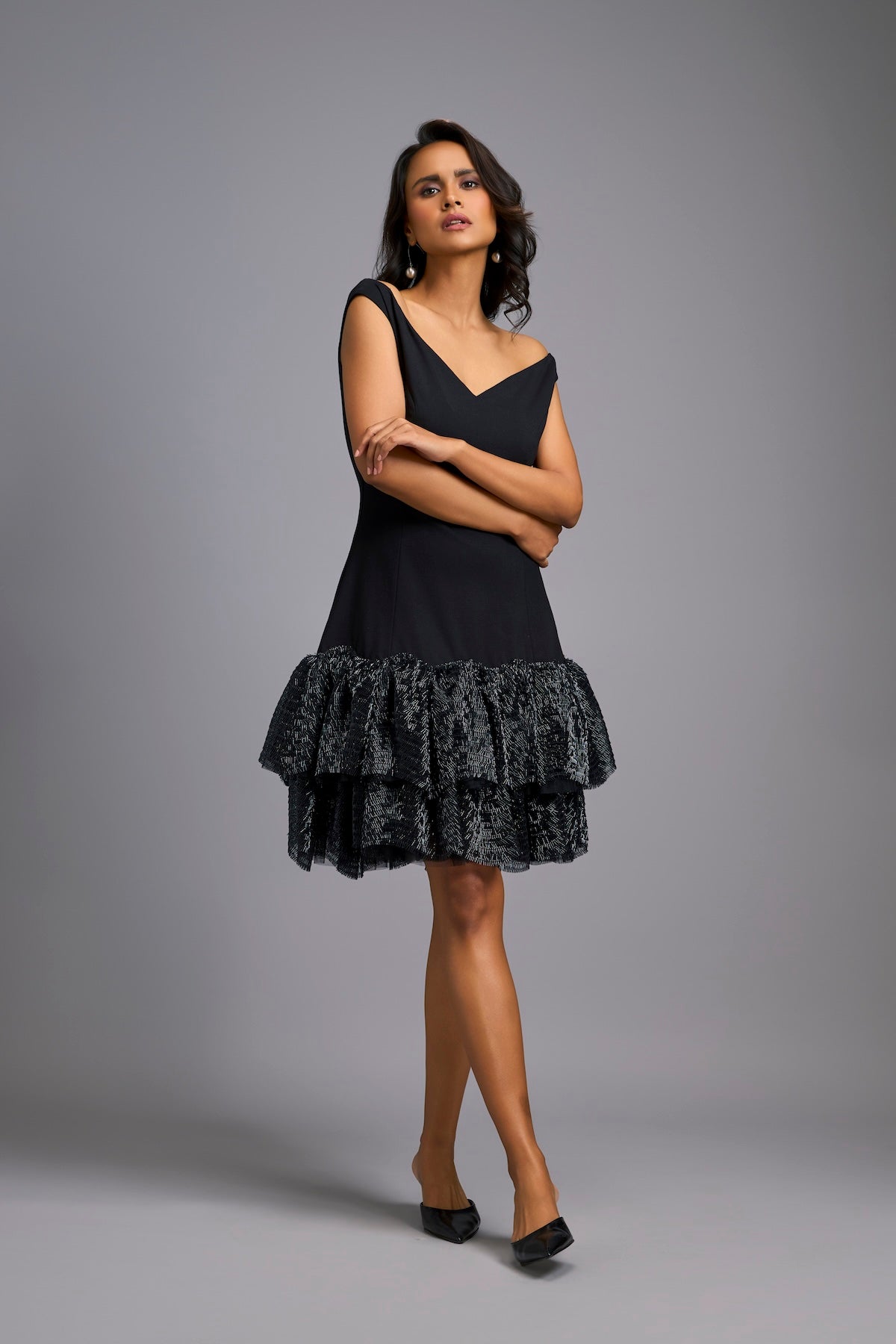Off-shoulder Black Dress With Shimmer Ruffles
