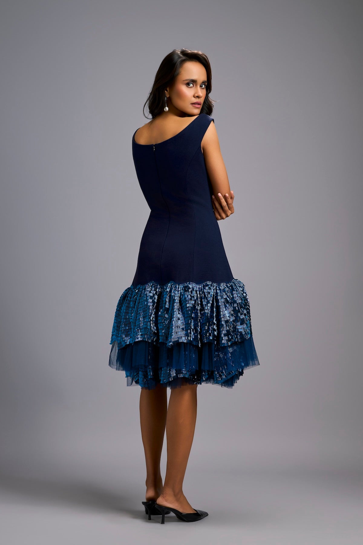 Off-Shoulder Navy Blue Dress with Shimmer Ruffles 2XL / Navy Blue / Roma & Sequin