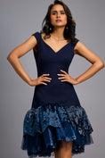 Load image into Gallery viewer, Off-shoulder Navy Blue Dress With Shimmer Ruffles
