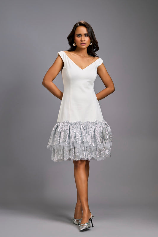 Off-shoulder White Dress With Shimmer Ruffles