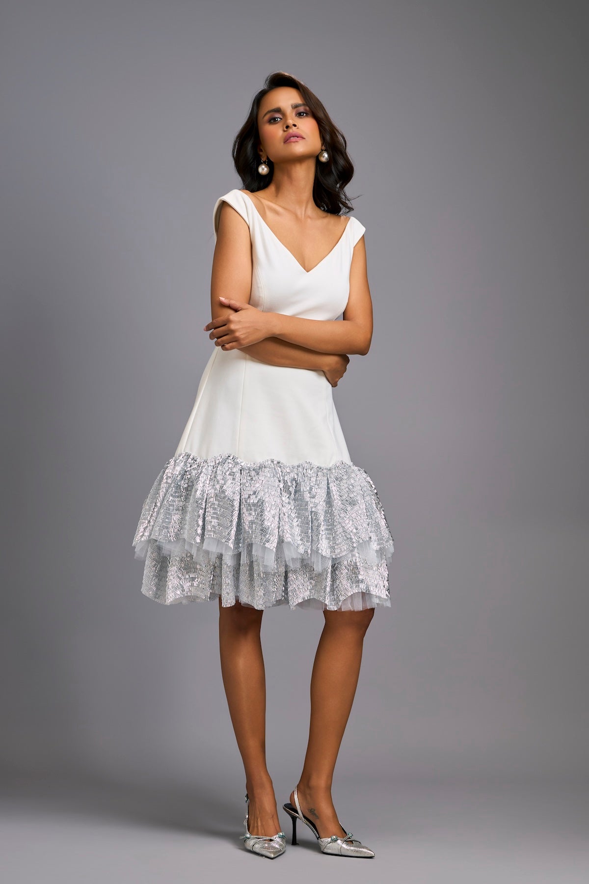 Off-shoulder White Dress With Shimmer Ruffles