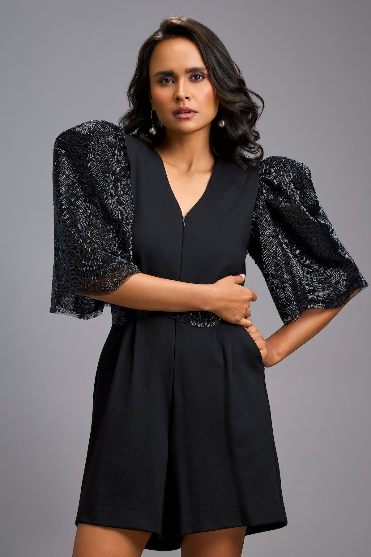 Black V-Neck Playsuit with Shimmer Belt