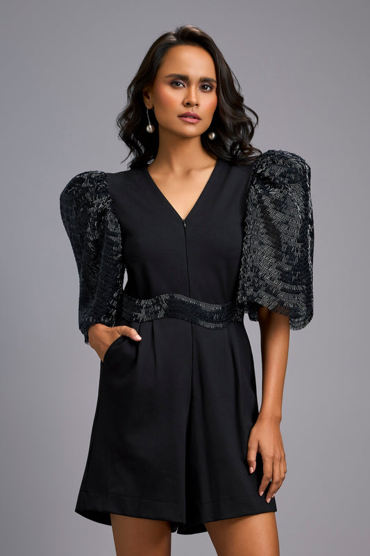 Black V-Neck Playsuit with Shimmer Belt