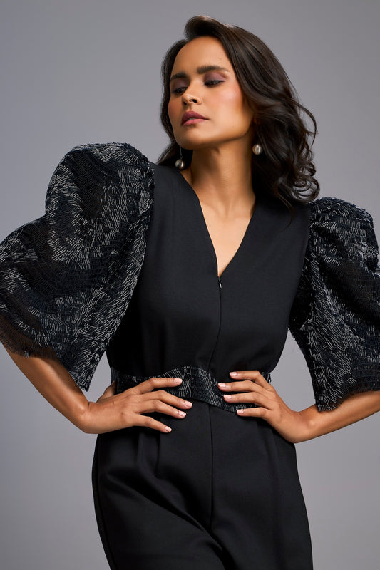 Black V-Neck Playsuit with Shimmer Belt