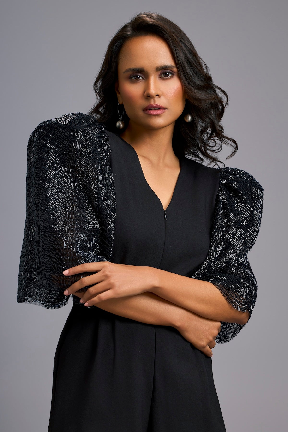 Black V-Neck Playsuit with Shimmer Belt