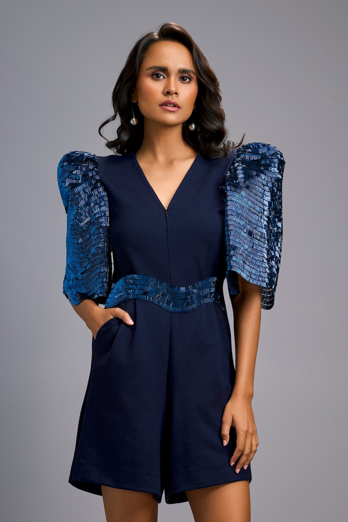 Navy Blue V-Neck Playsuit with Shimmer Belt