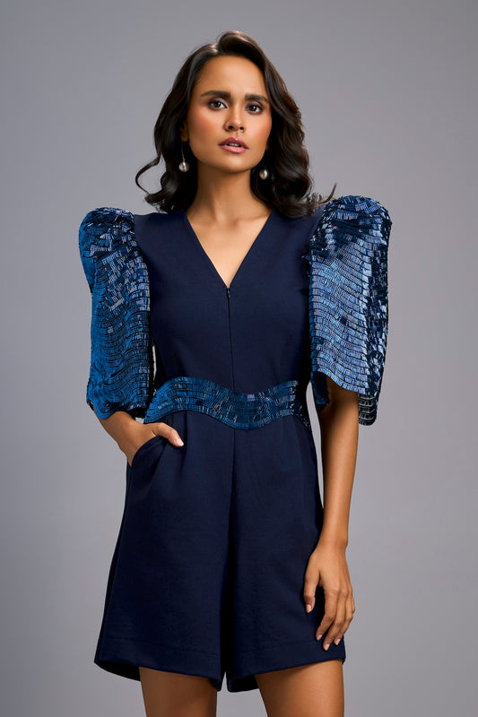 Navy Blue V-Neck Playsuit with Shimmer Belt