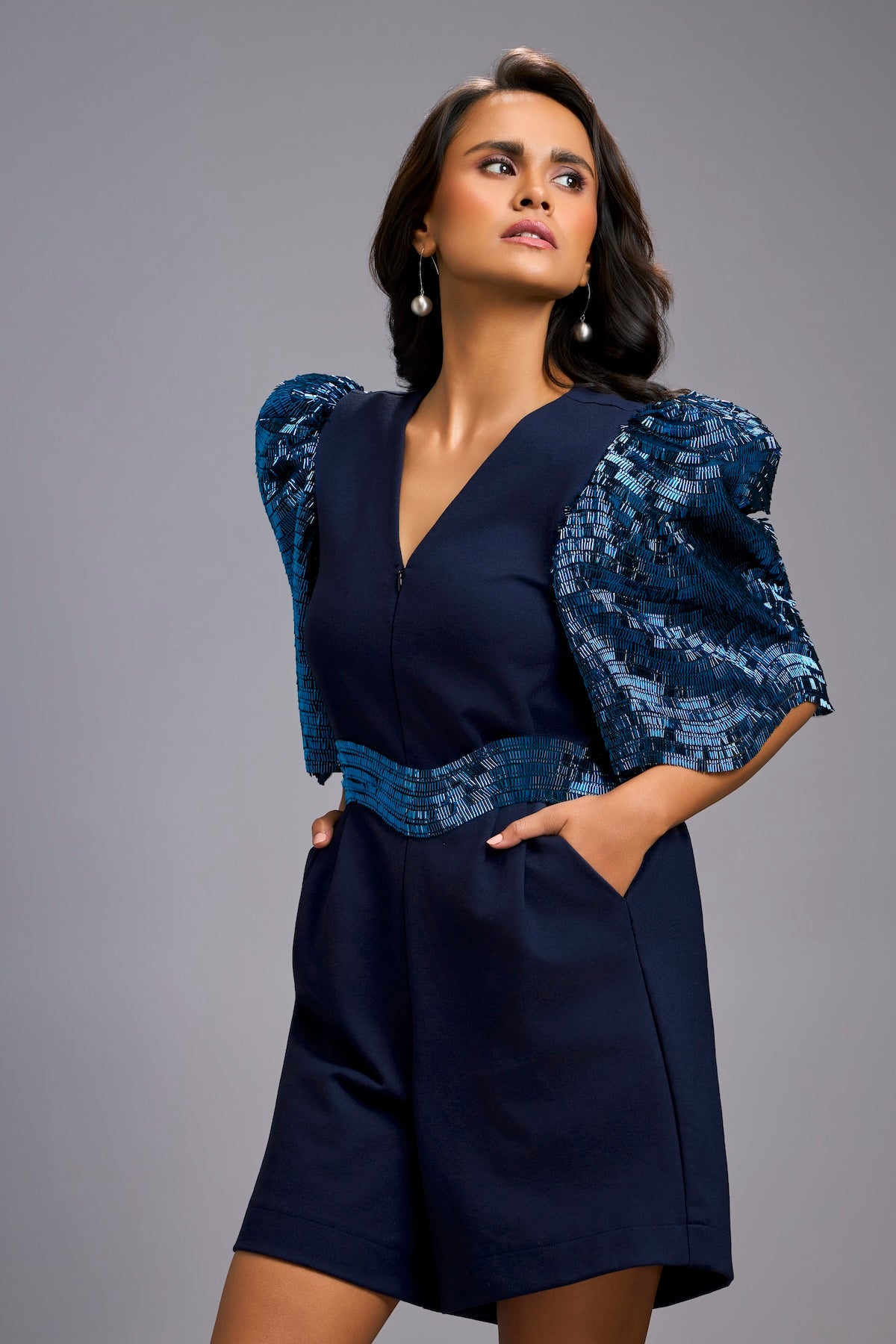 Navy Blue V-Neck Playsuit with Shimmer Belt