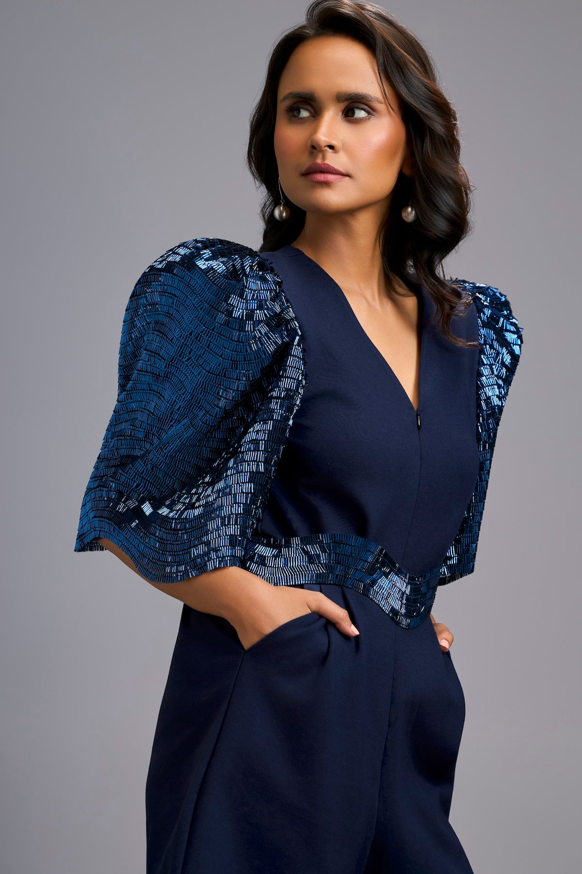 Navy Blue V-Neck Playsuit with Shimmer Belt