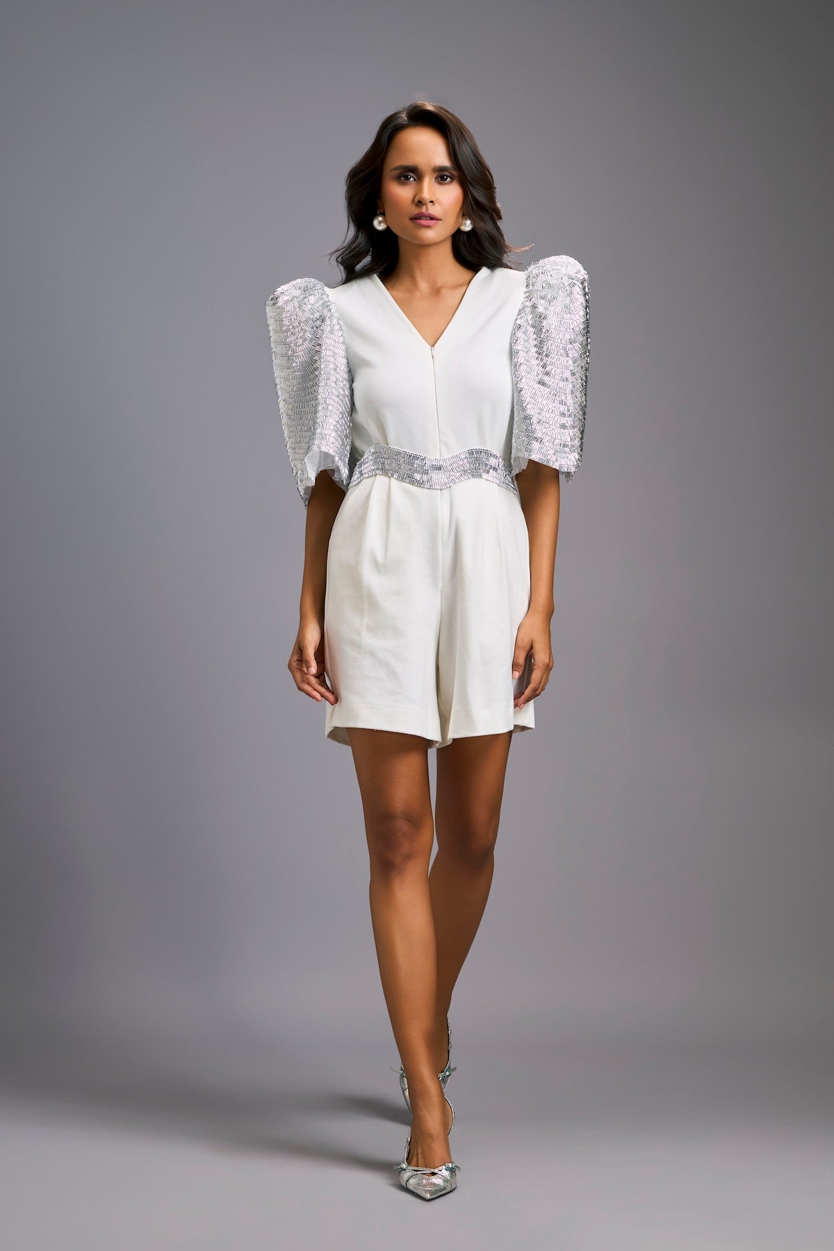 White V-Neck Playsuit with Shimmer Belt