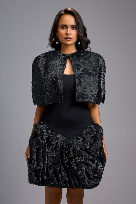 Strapless Black Dress with Voluminous Shimmer Skirt & Cape