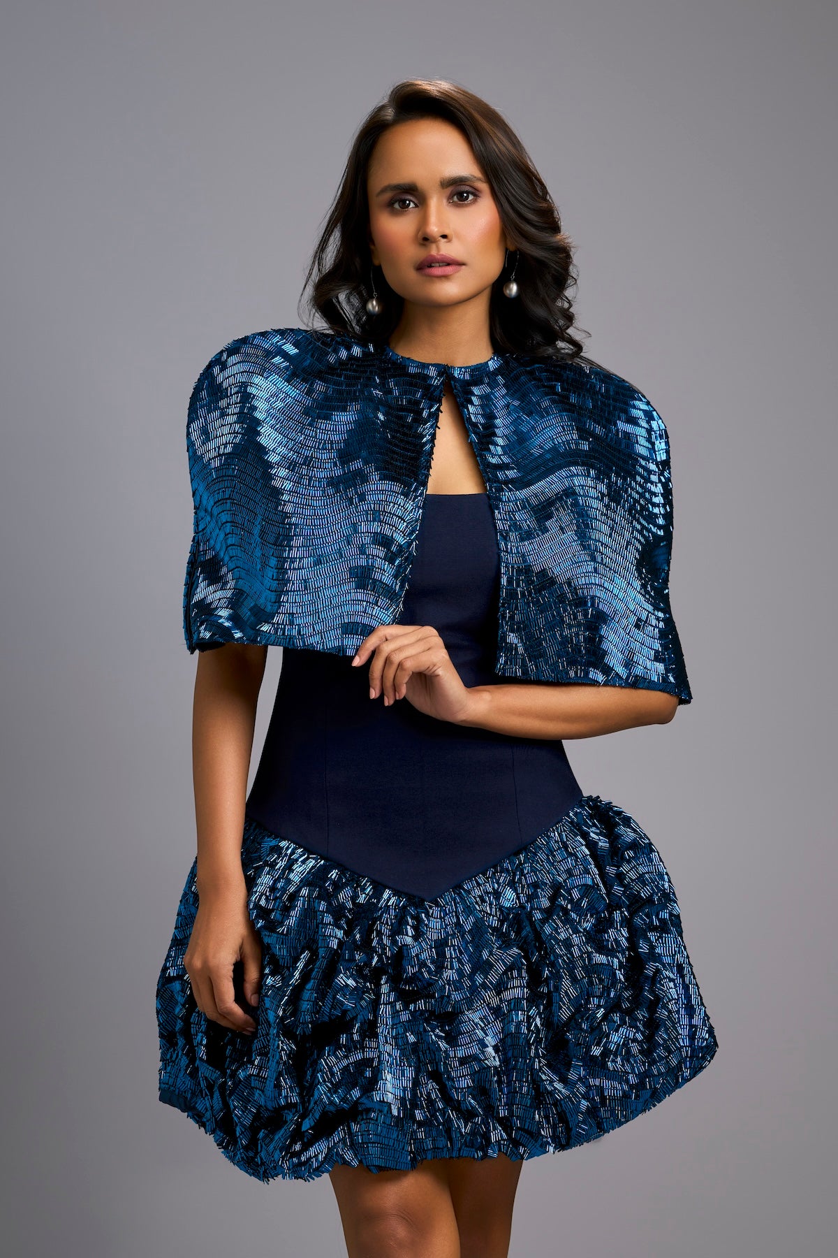 Strapless Navy Blue Dress with Voluminous Shimmer Skirt & Cape
