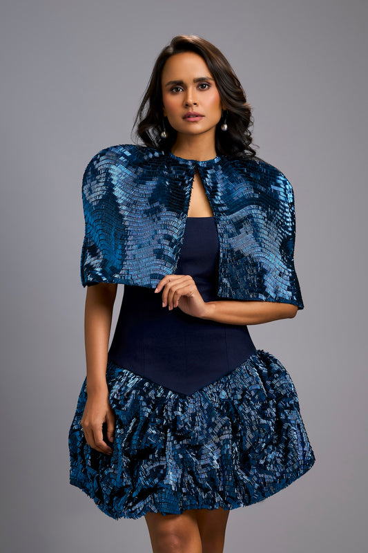 Strapless Navy Blue Dress with Voluminous Shimmer Skirt & Cape