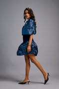 Load image into Gallery viewer, Strapless Navy Blue Dress with Voluminous Shimmer Skirt & Cape
