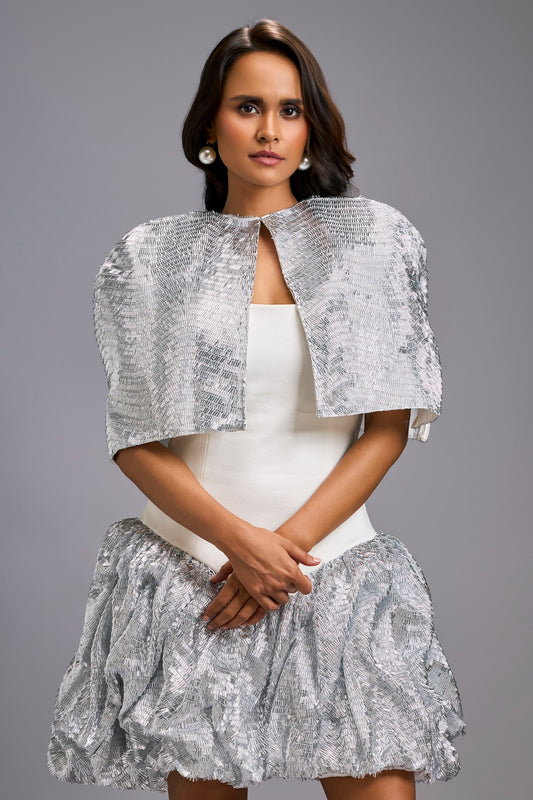 Strapless White Dress with Voluminous Shimmer Skirt & Cape