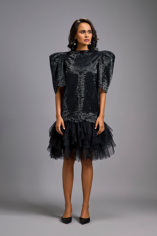 Black Shimmer Dress with Puff Sleeves & Tulle Hem