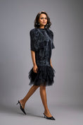 Load image into Gallery viewer, Black Shimmer Dress with Puff Sleeves & Tulle Hem
