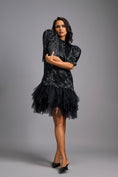 Load image into Gallery viewer, Black Shimmer Dress with Puff Sleeves & Tulle Hem
