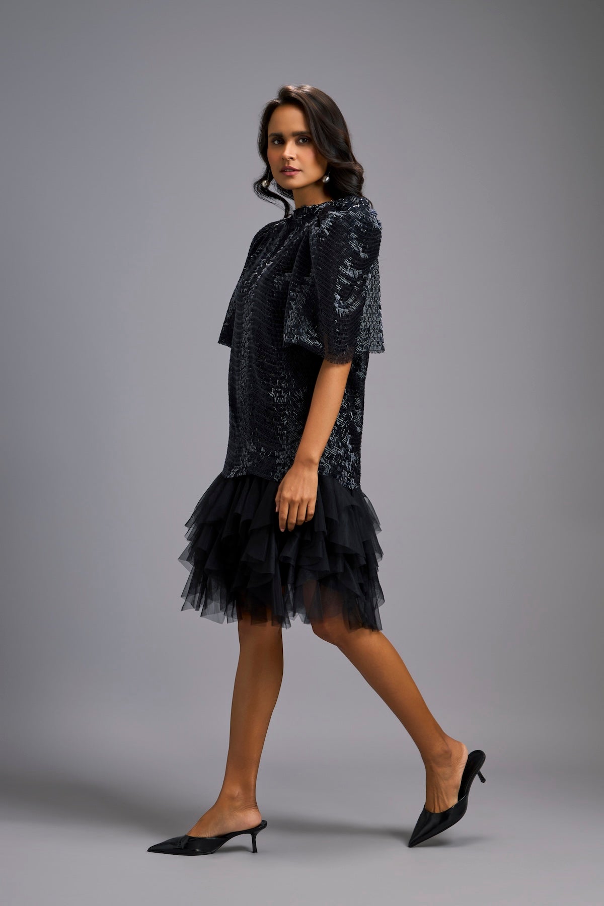 Black Shimmer Dress with Puff Sleeves & Tulle Hem
