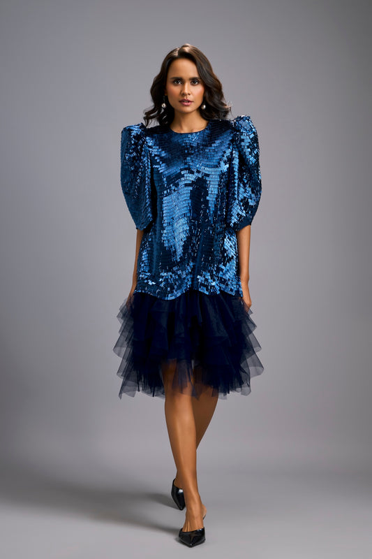 Navy Blue Shimmer Dress with Puff Sleeves & Tulle Hem