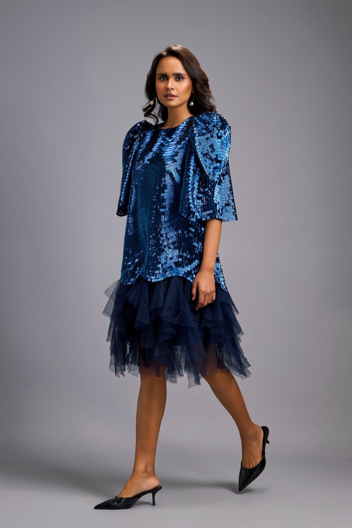 Navy Blue Shimmer Dress with Puff Sleeves & Tulle Hem