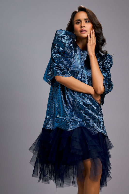 Navy Blue Shimmer Dress with Puff Sleeves & Tulle Hem