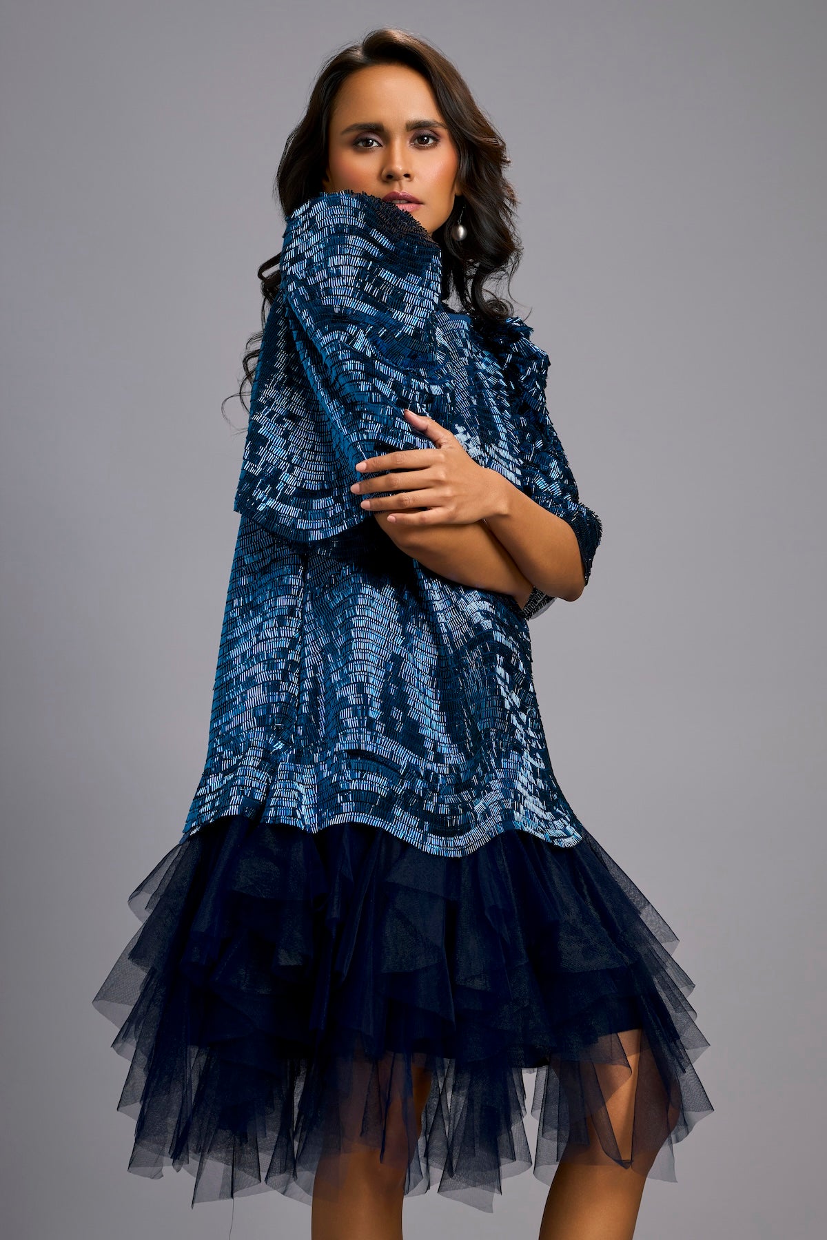 Navy Blue Shimmer Dress with Puff Sleeves & Tulle Hem