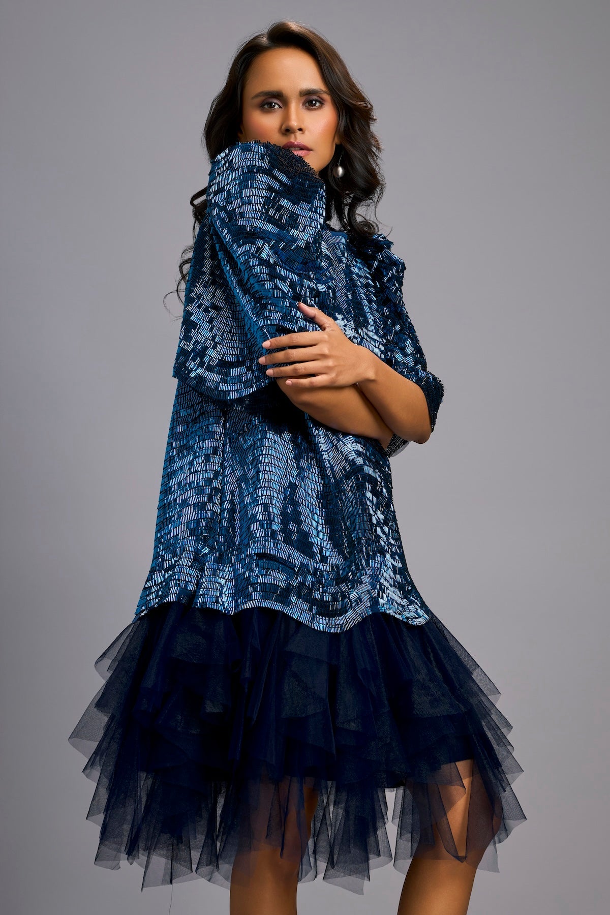 Navy Blue Shimmer Dress with Puff Sleeves & Tulle Hem
