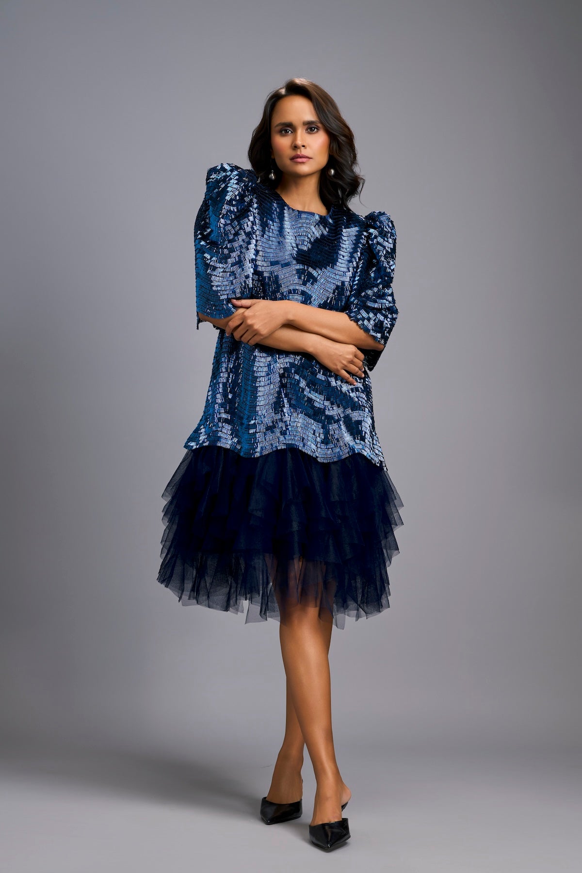 Navy Blue Shimmer Dress with Puff Sleeves & Tulle Hem