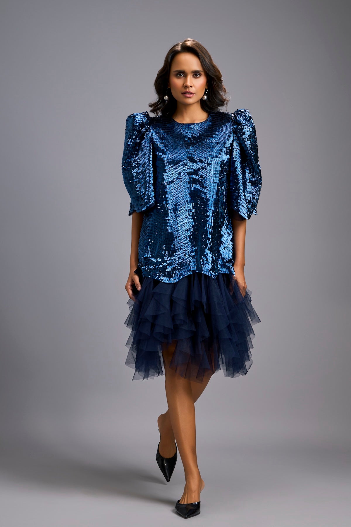 Navy Blue Shimmer Dress with Puff Sleeves & Tulle Hem