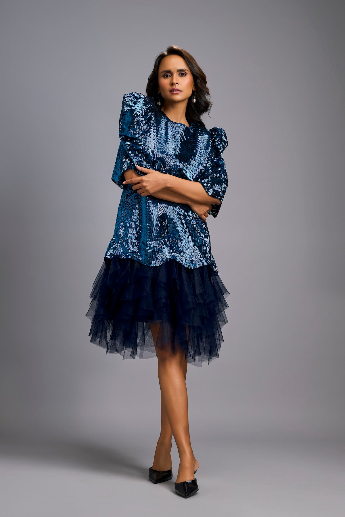 Navy Blue Shimmer Dress with Puff Sleeves & Tulle Hem