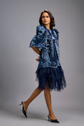 Load image into Gallery viewer, Navy Blue Shimmer Dress with Puff Sleeves & Tulle Hem
