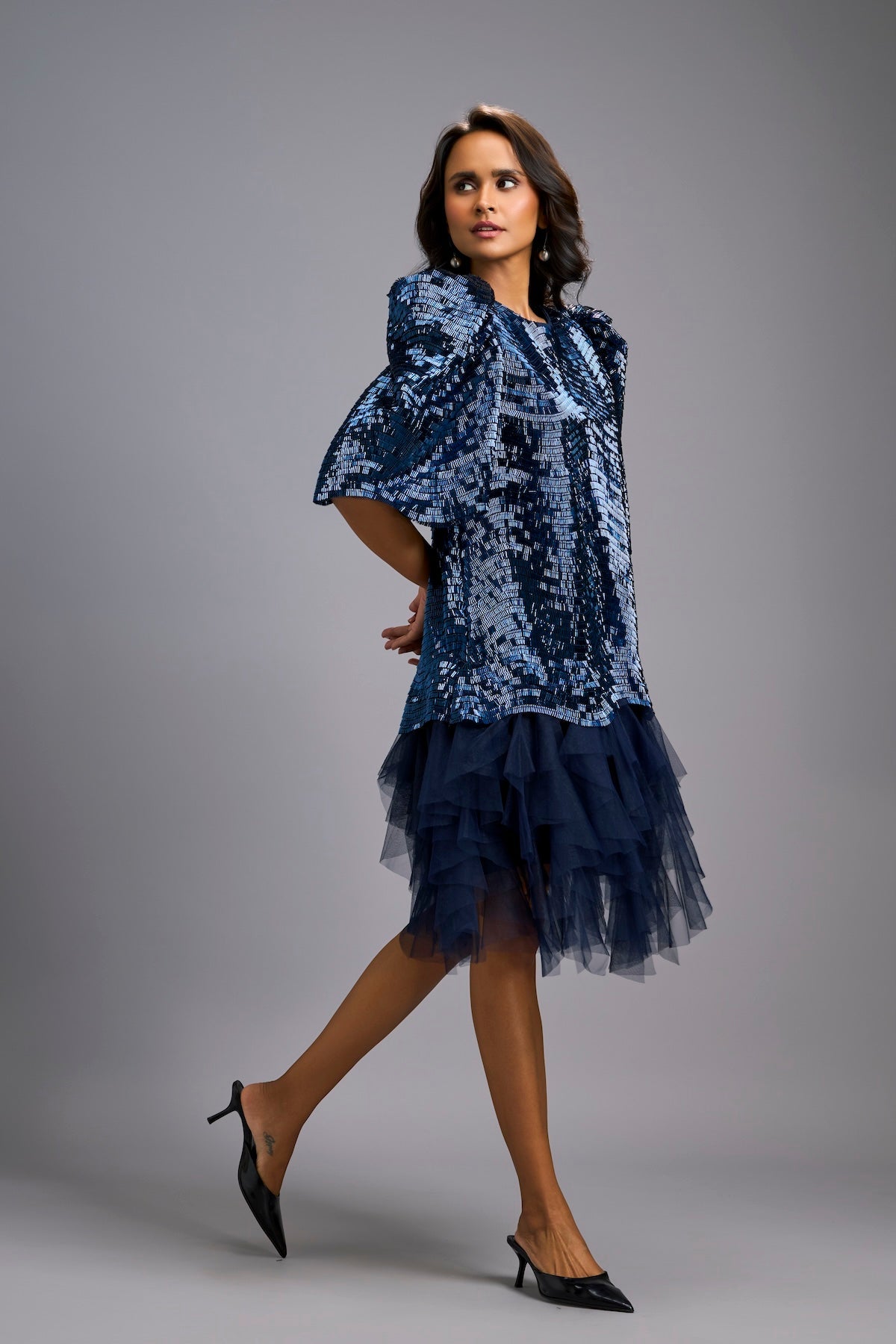 Navy Blue Shimmer Dress with Puff Sleeves & Tulle Hem