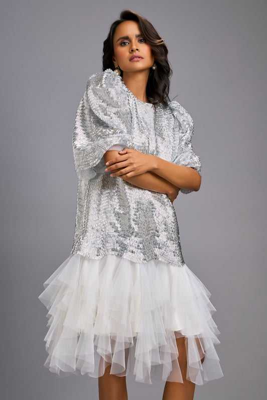 White Shimmer Dress with Puff Sleeves & Tulle Hem