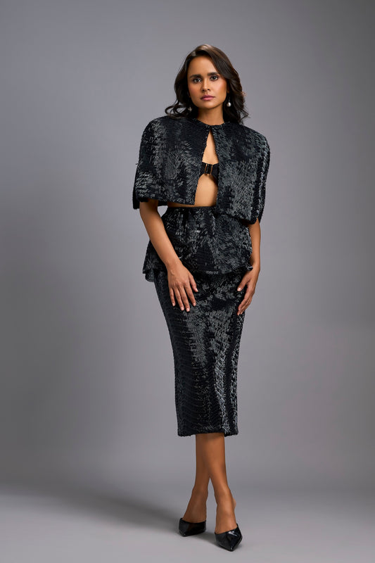 Black Shimmer Embroidered Midi Skirt