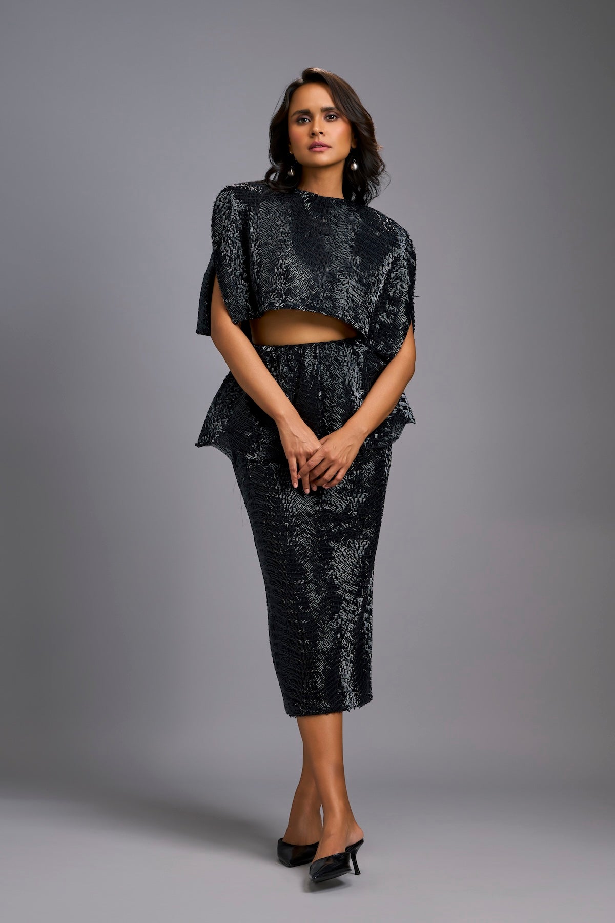 Black Shimmer Embroidered Midi Skirt