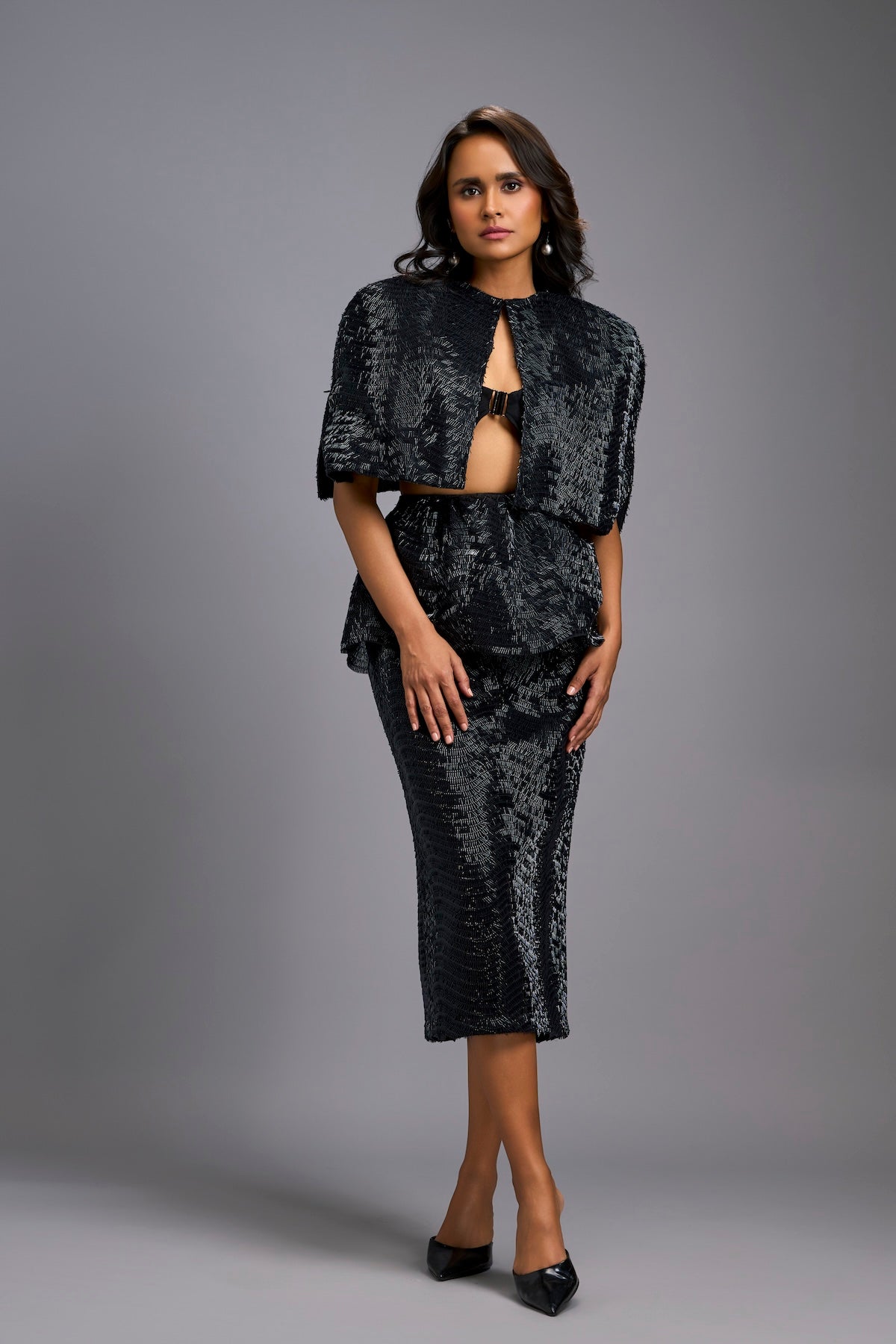 Black Shimmer Co-ord Set with Cape & Midi Skirt