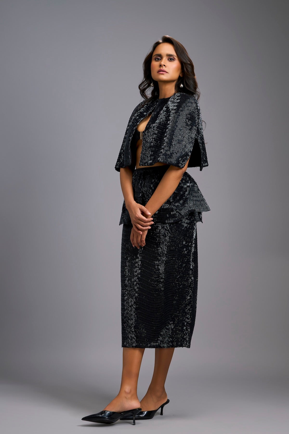 Black Shimmer Embroidered Midi Skirt