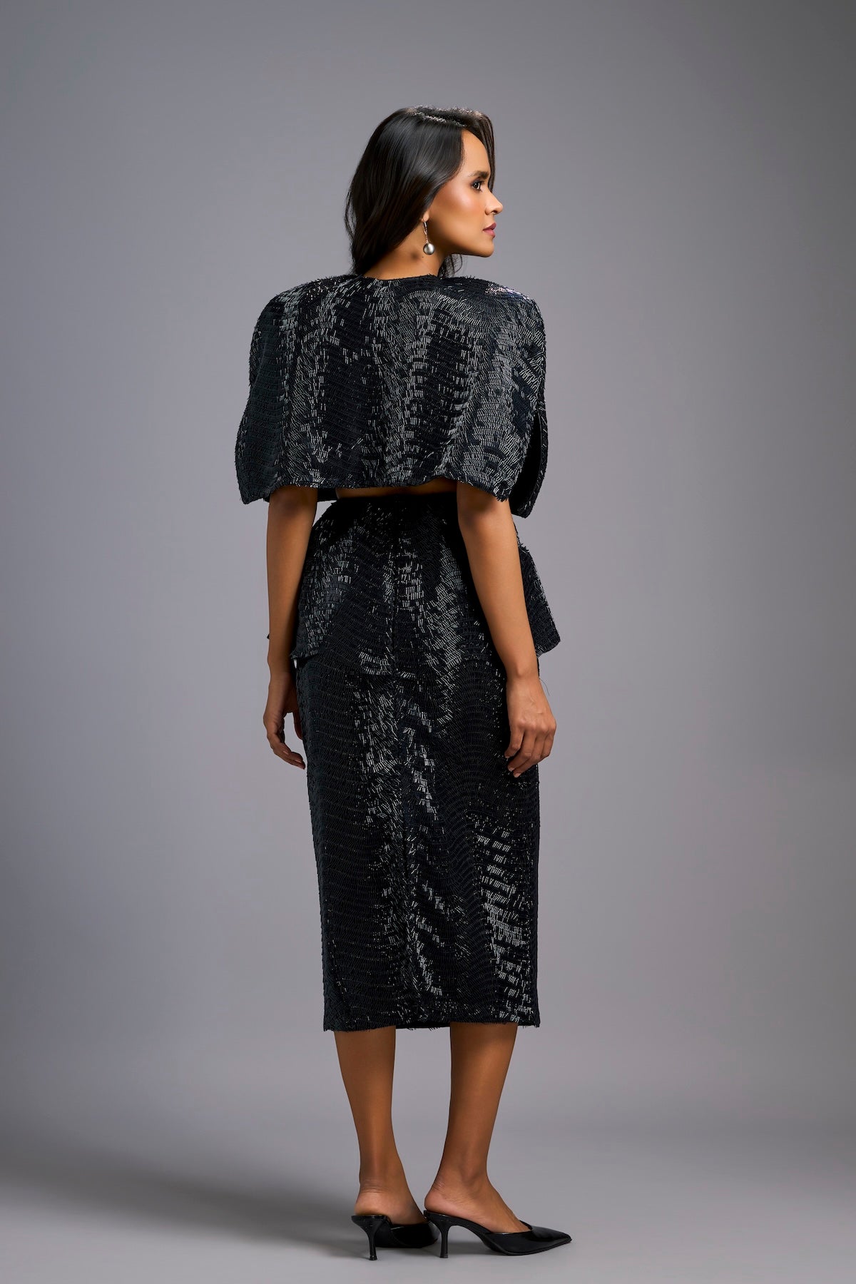 Black Shimmer Co-ord Set with Cape & Midi Skirt