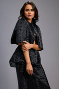Load image into Gallery viewer, Black Shimmer Co-ord Set with Cape & Midi Skirt
