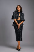 Load image into Gallery viewer, Black Shimmer Co-ord Set with Cape & Midi Skirt
